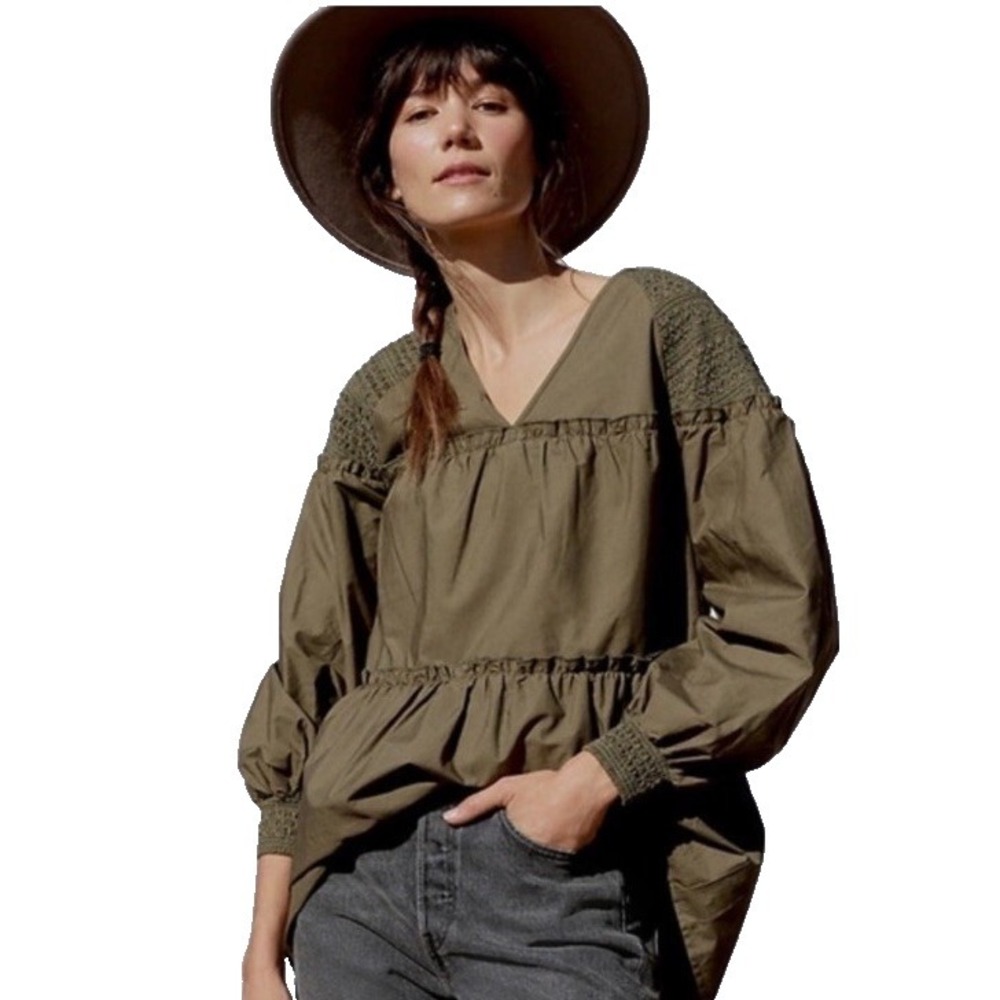 Anthropologie Mare Mare Medium Olive Green Renee V-neck Smocked Tunic Blouse